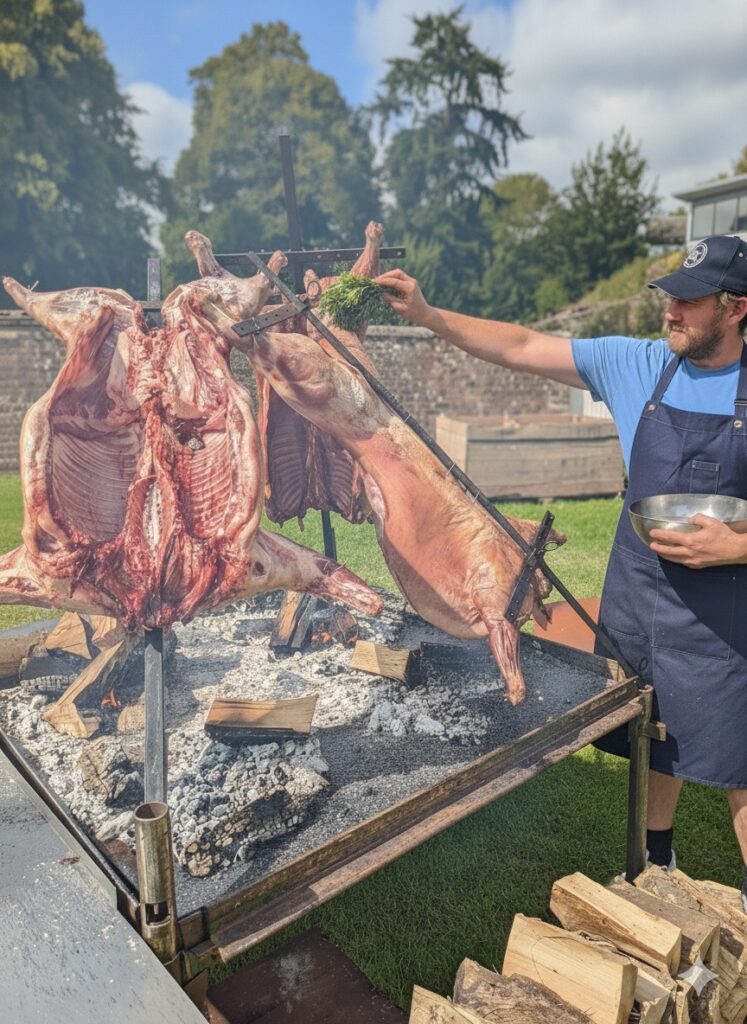 asado lamb cooked on an open fire for an outdoors catering event.